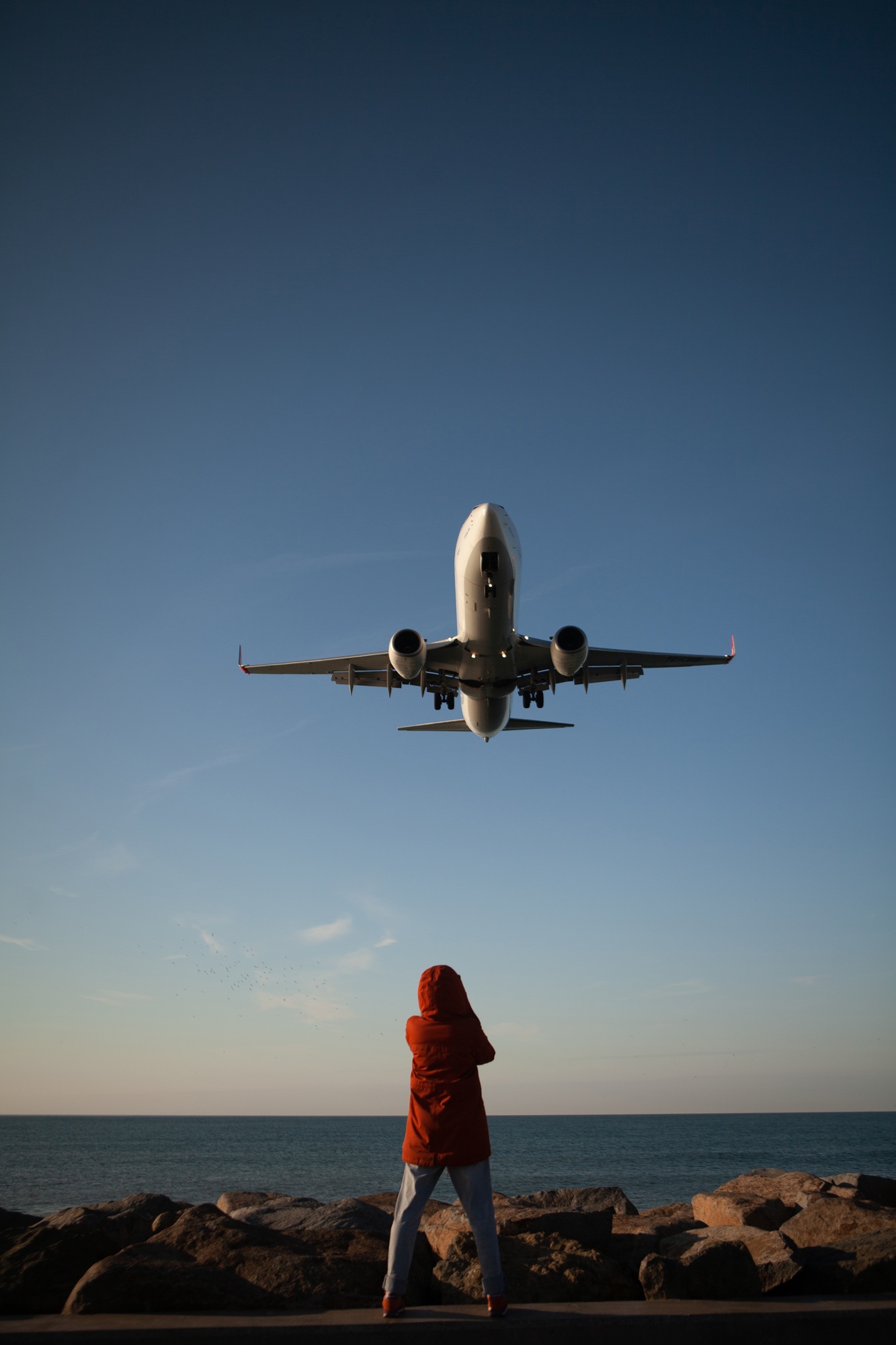 la chica fotografiando el avión a punto de aterrizar